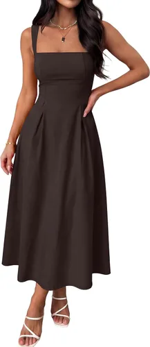 Vista 10 de ANRABESS Vestido de verano para mujer, para invitada de boda, cuello cuadrado, acampanado, sin mangas, fluido, elegante, formal, cóctel, fiesta