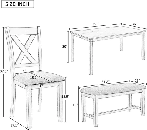 Vista 3 de LUMISOL Juego de mesa de comedor de 6 piezas, mesa de comedor rectangular de 60 pulgadas con sillas tapizadas y banco, juego de mesa de cocina