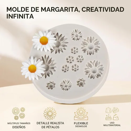 Vista 7 de 4 moldes de silicona con forma de margarita, molde de caramelo para fondant, mini moldes de chocolate con flores para decoración de pasteles