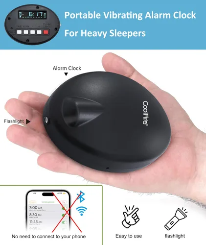 Vista 4 de Coolfire Reloj despertador vibratorio alimentado por baterías, recargable para adultos y adolescentes, reloj despertador agitador de cama