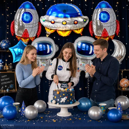 Vista 3 de Katchon, Juego de decoraciones de cumpleaños de gran espacio, 37 pulgadas, paquete de 7, globos de cohete, globos de astronauta para decoraciones