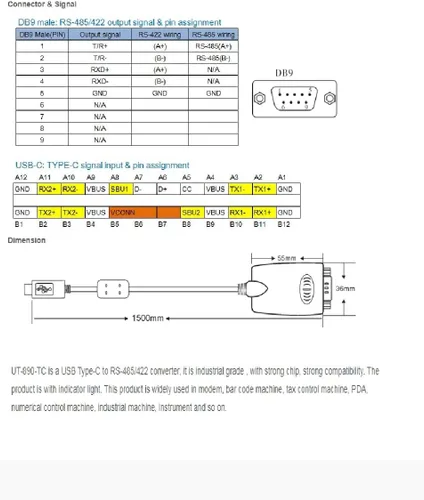 Vista 6 de UTEK UT-890-TC USB Tipo-C a RS-485/422 Convertidor serie con protección ESD