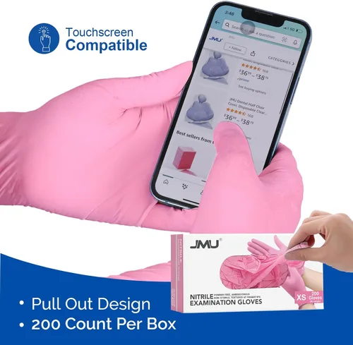 Vista 5 de JMU Guantes de Nitrilo Rosa, No Estériles, Guantes de Examen Desechables Sin Látex para Médico Esteticista, XS/S/M/L/XL, 200-4000
