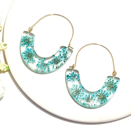 Vista 6 de Pendientes de aro de resina para mujer, diseño de flores prensadas