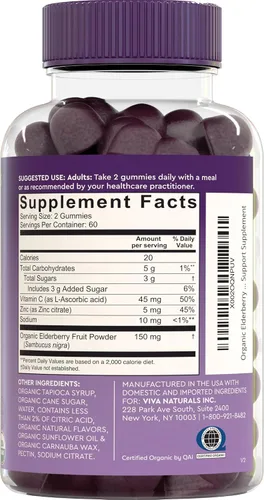 Vista 8 de Viva Naturals Gomitas orgánicas de saúco Sambucus para adultos (120 unidades) – Gomitas de apoyo inmunológico de vitamina C y zinc de saúco 3 en 1