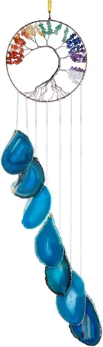 Vista 7 de rockcloud Campanillas de viento colgantes de 7 chakras del árbol de la vida con rodajas de ágata colgantes, adorno colgante de ventanas para Azul