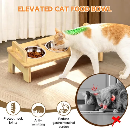 Vista 9 de Tazón Elevado de Comida para Gatos, 3 Cuencos Elevados de Acero Inoxidable para Gatos con Soporte, Cuenco Inclinado 15° para Perros Pequeños