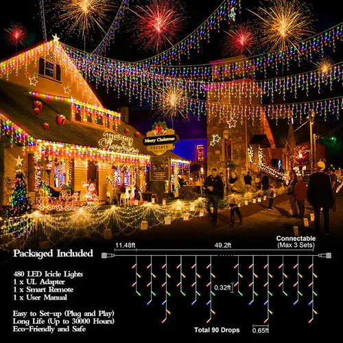 Vista 3 de FLVOECN 480 luces LED de Navidad de 49 pies, enchufables, 8 modos con temporizador, luces de hielo regulables, para exteriores, impermeables