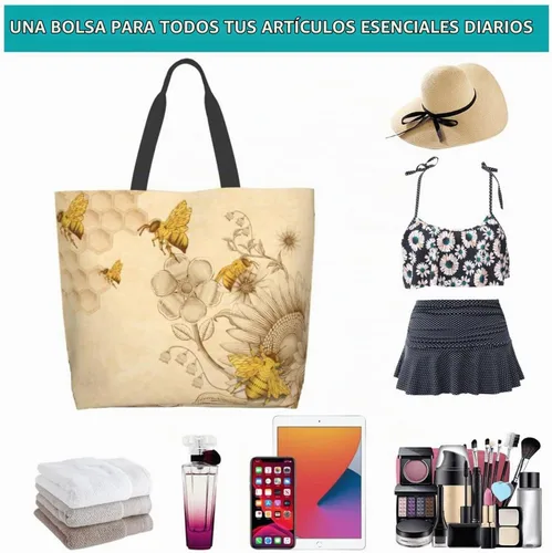 Vista 6 de Bolsa de compras grande reutilizable con mango fuerte respetuoso del medio ambiente Girasoles de abeja