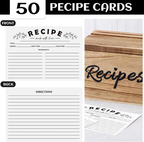Vista 4 de Hoteam Caja de Recetas de Madera con Tarjetas, Soporte para Tarjetas de Recetas de Madera Rústica con 50 Piezas, Juego de Tarjetas de 5 x 7, Caja