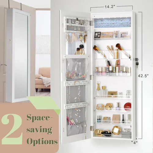 Vista 9 de YOKUKINA Armario de joyería LED montado en la pared y la puerta, espejo de vestidor de longitud completa con organizador grande con cerradura