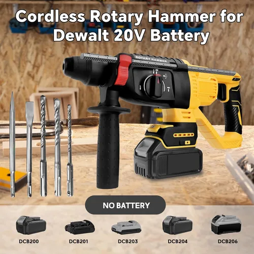 Vista 2 de Taladro de martillo giratorio inalámbrico para batería Dewalt de 20 V, SDS-Plus sin escobillas de 3 julios con 4 modos, mango auxiliar de 360° y 5