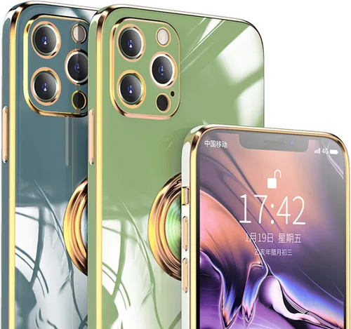 Vista 7 de aowner Funda compatible con iPhone 11 Pro Max con anillo chapado brillante, borde de oro rosa, soporte de rotación de 360 grados para mujeres