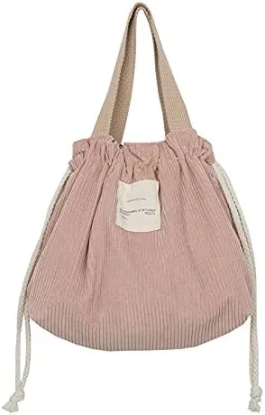 Vista 9 de Lonchera de pana para mujer, lonchera estética, con cordón, bonita bolsa de mano, suministros pastel (cordón azul)