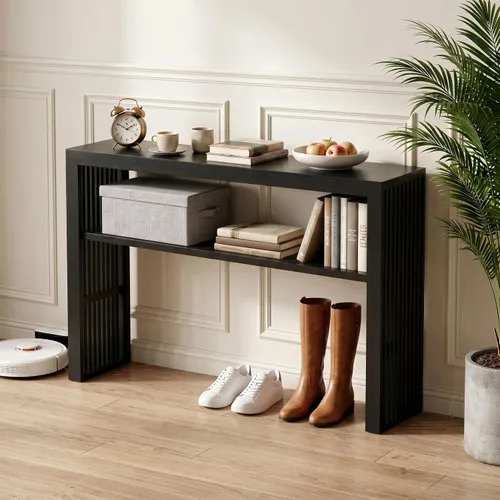 Vista 7 de Mesa consola estrecha de bambú de 47.2 pulgadas, mesa auxiliar de granja de 2 niveles, mesa de entrada rectangular, moderna mesa de sofá detrás
