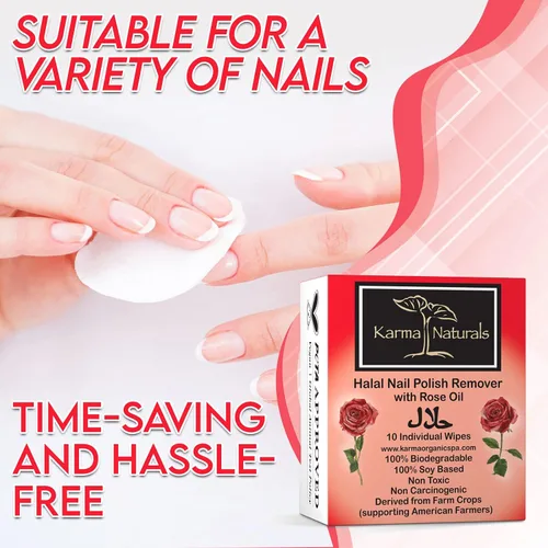 Vista 8 de Karma Halal - Toallitas removedoras de esmalte de uñas con aceite de rosa; no tóxicas, veganas, libres de crueldad, paquete de 10
