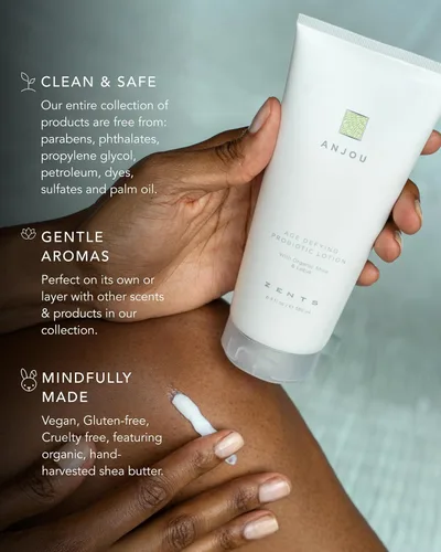 Vista 5 de Zents Loción probiótica antiedad para el cuerpo y las manos (Anjou) Loción hidratante con ácido hialurónico y manteca de karité orgánica Nutre e