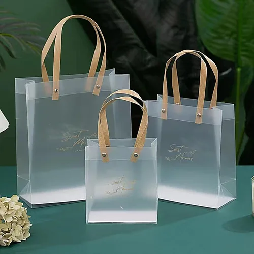 Vista 5 de ZSMSTW 5 bolsas de regalo de PVC transparente con asas, bolsas de plástico reutilizables para regalos de boda, fiesta de cumpleaños, bolsas de Matcha