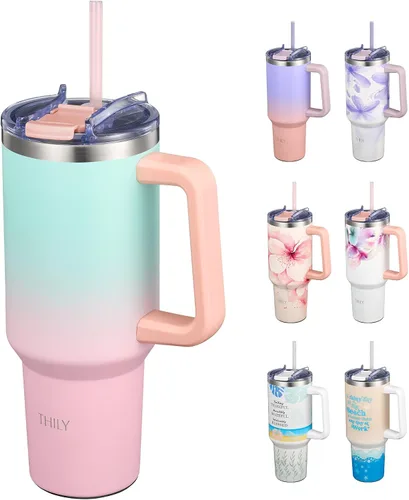 Vista 6 de THILY Vaso de 40 onzas de acero inoxidable con asa - Taza de viaje con aislamiento al vacío, tapa a prueba de salpicaduras y a prueba de fugas, 2