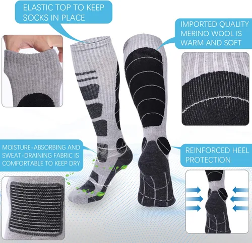 Vista 3 de Calcetines de esquí de lana merina térmicos hasta la rodilla para invierno, deportes de nieve y caza para hombre y mujer