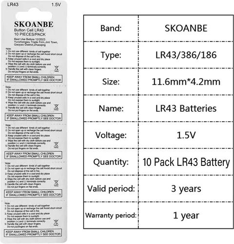 Vista 2 de SKOANBE Paquete de 10 pilas de botón LR43 386 AG12 301 186 1.5V