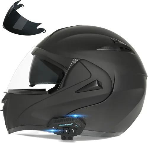 Vista 6 de Casco modular Bluetooth para motocicleta, aprobado por DOT, doble visera completa, abatible, Bluetooth, casco de motocicleta integrado para adultos