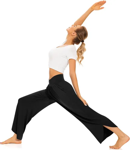 Vista 4 de TARSE Pantalones de pierna ancha para mujer, pantalones de yoga de cintura alta cruzada, pantalones casuales para descansar, pantalones de pijama