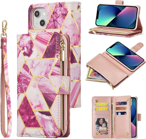 Vista 13 de UEEBAI Funda tipo cartera para iPhone 14 Plus, Funda de cuero PU Cierre magnético Bolso con cremallera Estuche de bolsillo con cremallera Ranuras