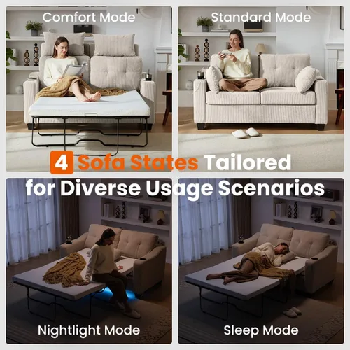 Vista 5 de CHIC HOUSE Sofá cama extraíble, sofá cama tamaño completo, sofá convertible 2 en 1 de pana con carga USB, sofá de espuma viscoelástica para sala