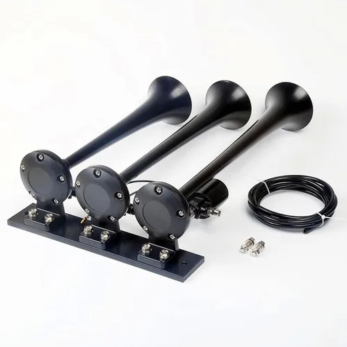 Vista 5 de Bocina de coche negra de tres tubos Bocina de aire impermeable 165DB Bocina eléctrica con válvula electromagnética Control electromagnético Bocina
