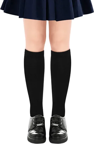 Vista 2 de Olreco Calcetines altos hasta la rodilla para niñas, calcetines de uniforme para niñas, calcetines largos de algodón para niñas, calcetines