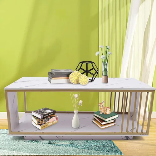 Vista 9 de Mesa de centro de mármol, mesa de centro moderna de mármol sintético de 2 niveles, mesa auxiliar rectangular con marco de metal dorado, mesa de café