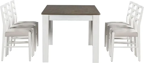 Vista 9 de Juego de mesa de comedor de madera de 7 piezas, mesa extensible multifuncional con hojas de 12 pulgadas y 2 cajones, 6 sillas de comedor con cojín