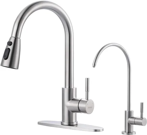 Vista 39 de WOWOW Grifo de cocina con rociador, grifo de fregadero de cocina, acero inoxidable SUS 304, grifo de cocina de níquel cepillado de arco alto