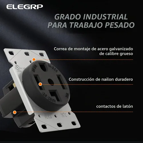 Vista 2 de ELEGRP Toma de corriente de secadora de 30 amperios 125/250 V, toma de corriente de montaje empotrado, NEMA 14-30R, receptáculo de secadora de hoja