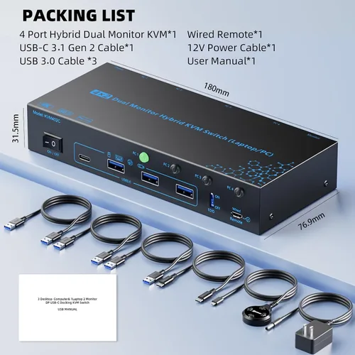 Vista 12 de 2 monitores 4 computadoras KVM Switch portátil y escritorio 4 puertos híbrido USB-C docking y doble Displayport y DP HDMI y Dual HDMI 4K@60Hz KVM