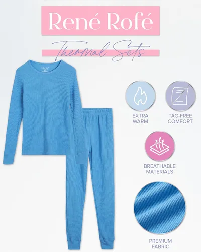Vista 8 de Rene Rofe Girls' Thermal Underwear Set - 2 Piece Waffle Knit Top and Long Johns (2T-16)