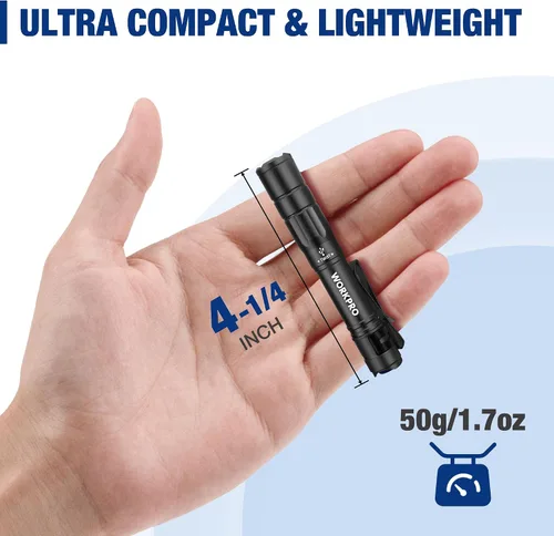 Vista 2 de WORKPRO Luz recargable para bolígrafo, mini linterna, paquete de 2 linternas EDC ultracompactas, linterna de bolsillo con clip, función de memoria