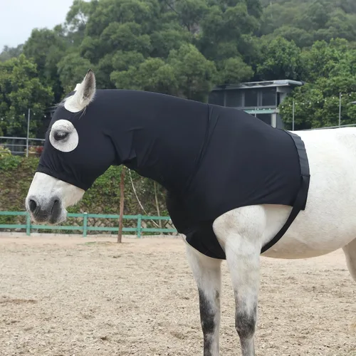 Vista 5 de Leberna Capucha elástica para caballo con cremallera y cubierta completa para el cuello (negro, S)