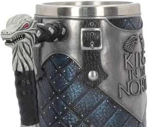 Vista 2 de Taza de cerveza personalizada, estilo grabado, taza de cerveza, con cuerno, Dragon King in The North de acero inoxidable, para café, cerveza, tazas