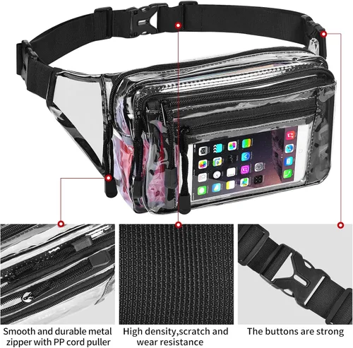 Vista 5 de Riñonera transparente aprobada por estadios para mujeres, para el trabajo, bolsa de cintura multiusos para viajes y eventos deportivos, Negro -, Pvc