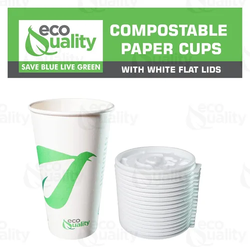 Vista 4 de EcoQuality Vasos de papel compostables de 16 onzas con tapas planas blancas – Tazas de café de papel blanco biodegradables desechables con forro