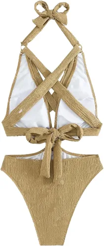 Vista 4 de Nenadeer Traje de baño de una pieza con escote halter cruzado y ribete enlazado con anillo, traje de baño con cordones en la espalda