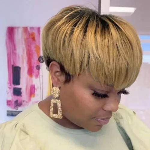 Vista 11 de Pelucas cortas de cabello humano estilo Pixie para mujeres negras, cabello brasileño virgen, corte natural marrón, sin pegamento, con flequillo