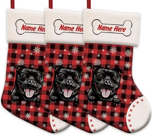 Vista 28 de Foto personalizada, Feliz Navidad, búfalo rojo, a cuadros, feliz perro, calcetín de Navidad, copo de nieve, decoración de vacaciones, calcetín