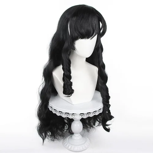 Vista 4 de Peluca para cosplay, disfraz de anime, pelo largo, cabello ondulado negro con flequillo y para mujer, fiesta familiar de Halloween Isolda