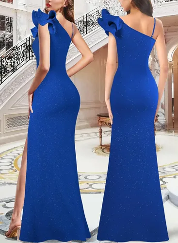 Vista 2 de VFSHOW Vestido largo con volantes y tirantes para mujer, fruncido, formal, para graduación, boda, cuello en V, elegante, dividido, cóctel, noche