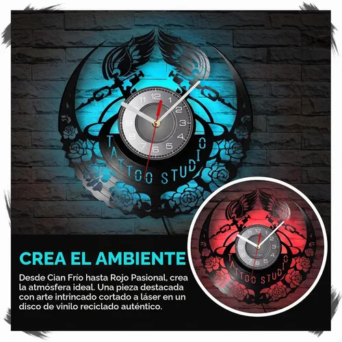 Vista 5 de Reloj de pared de disco de vinilo de tatuaje, 7 LED de retroiluminación de Con LED