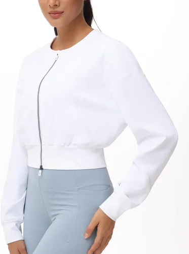 Vista 8 de THE GYM PEOPLE Chaquetas cortas para mujer, con cremallera completa, manga larga, acanaladas, sudaderas de entrenamiento, ligeras, casuales