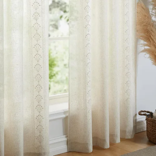 Vista 4 de Cortinas modernas de lino de 96 pulgadas de largo, 2 paneles de cortinas semitransparentes bordadas para sala de estar, cortinas filtrantes de luz